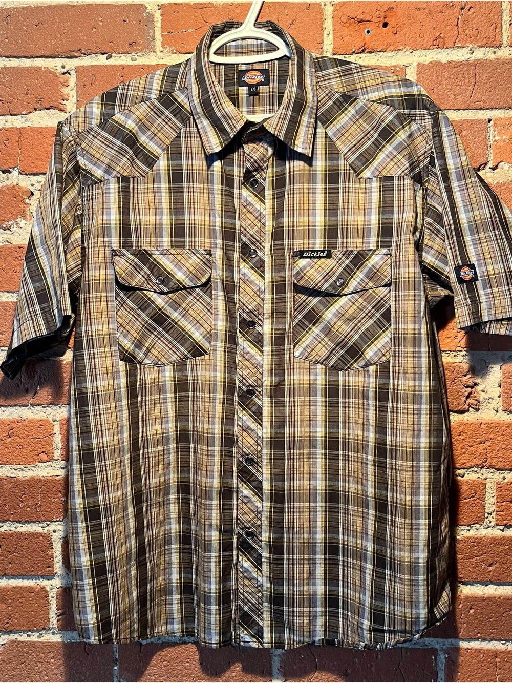 Dickies Brown and Yellow Plaid Short Sleeve Button-Up